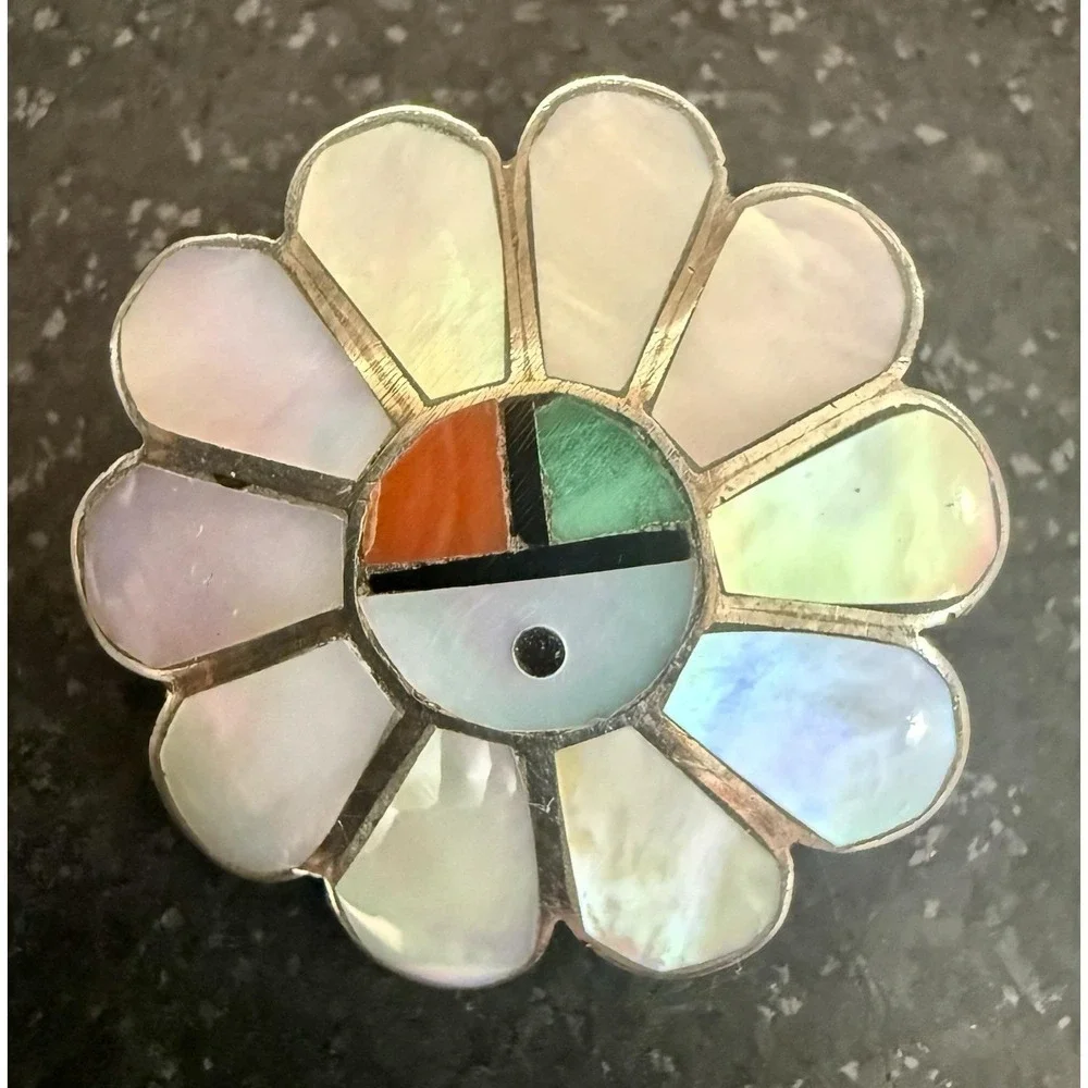 Vintage Zuni Pendant Brooch Sun Face Sterling Silver w/ Inlay Gemstones 1